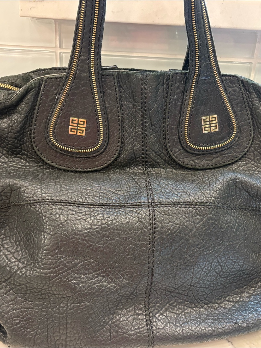 Givenchy Nightingale  Black Textured Leather Tote with Gold Logo Accents